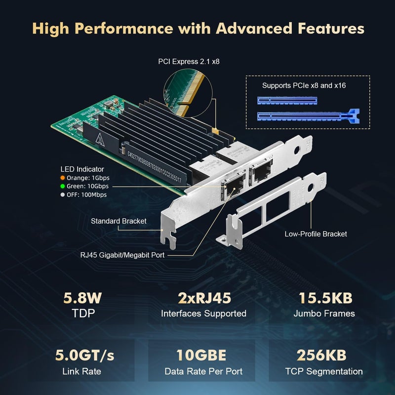 Binardat 2 Port 10G PCIe Network Card, Intel X540 chip LAN Ethernet Controller, 10G/1G/100Mbps RJ45 NIC Adapter for Windows/Linux/VMware - Image 4